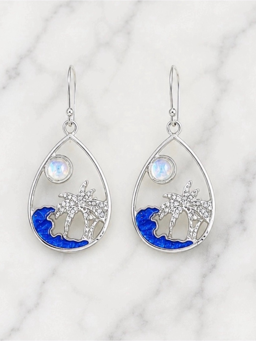 Silver Tone Blue Enamel Waves and Palm Tree Teardrop Earrings
